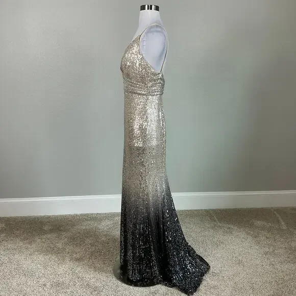 Mac Duggal Ombre Sequined Long Column Evening Gown Black and Gold Size 6 Dress - Picture 7 of 13